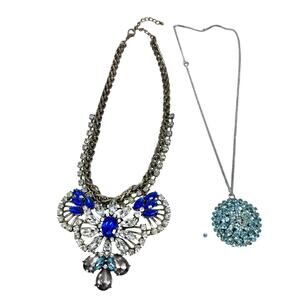 Lot of 2 Fantasy Necklaces with Rhinestone Pendant Chain Silver Tone